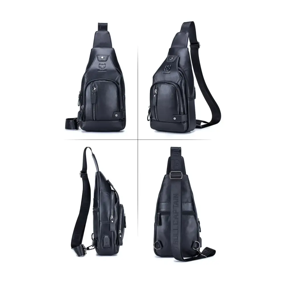 Men’s Leather Sling Bag – Vertical Multi-Pocket Chest Bag