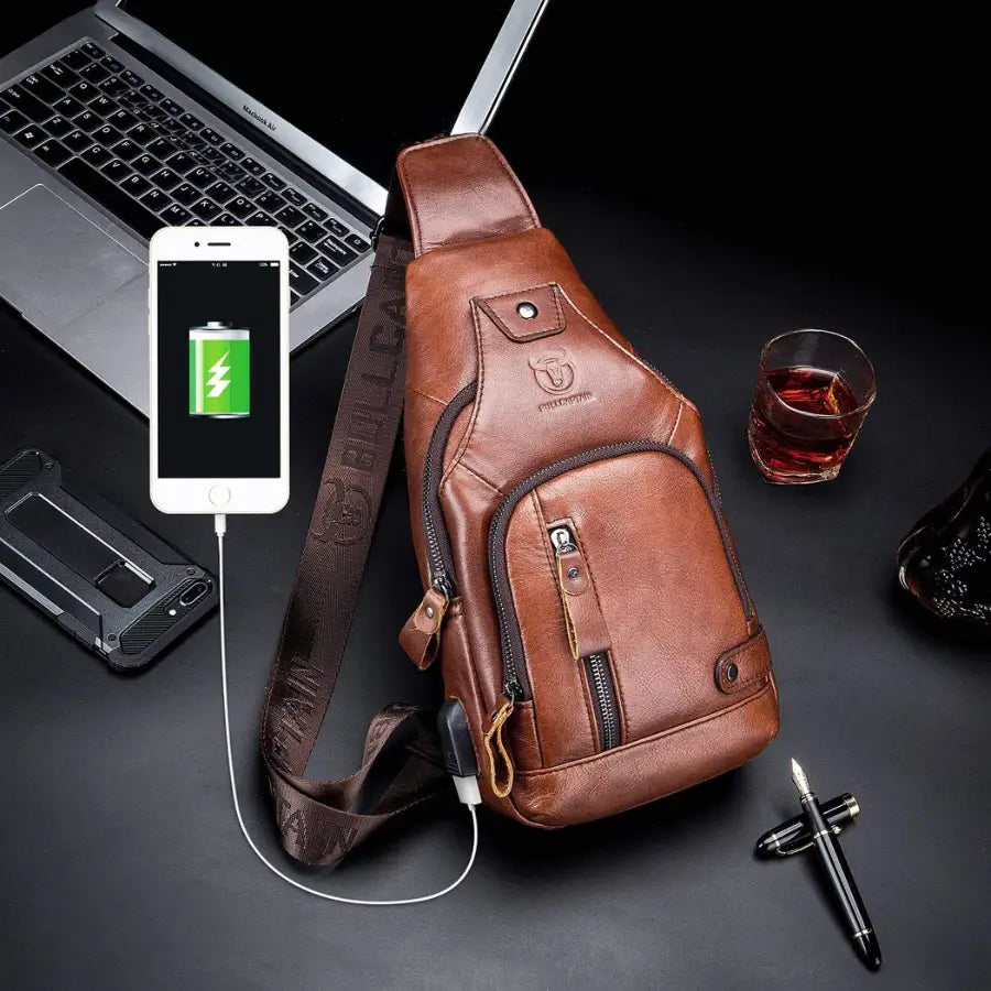 Men’s Leather Sling Bag – Vertical Multi-Pocket Chest Bag
