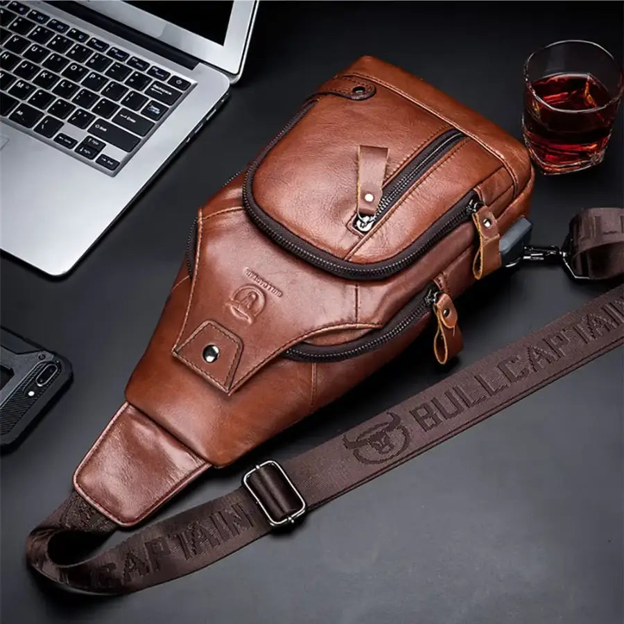Men’s Leather Sling Bag – Vertical Multi-Pocket Chest Bag