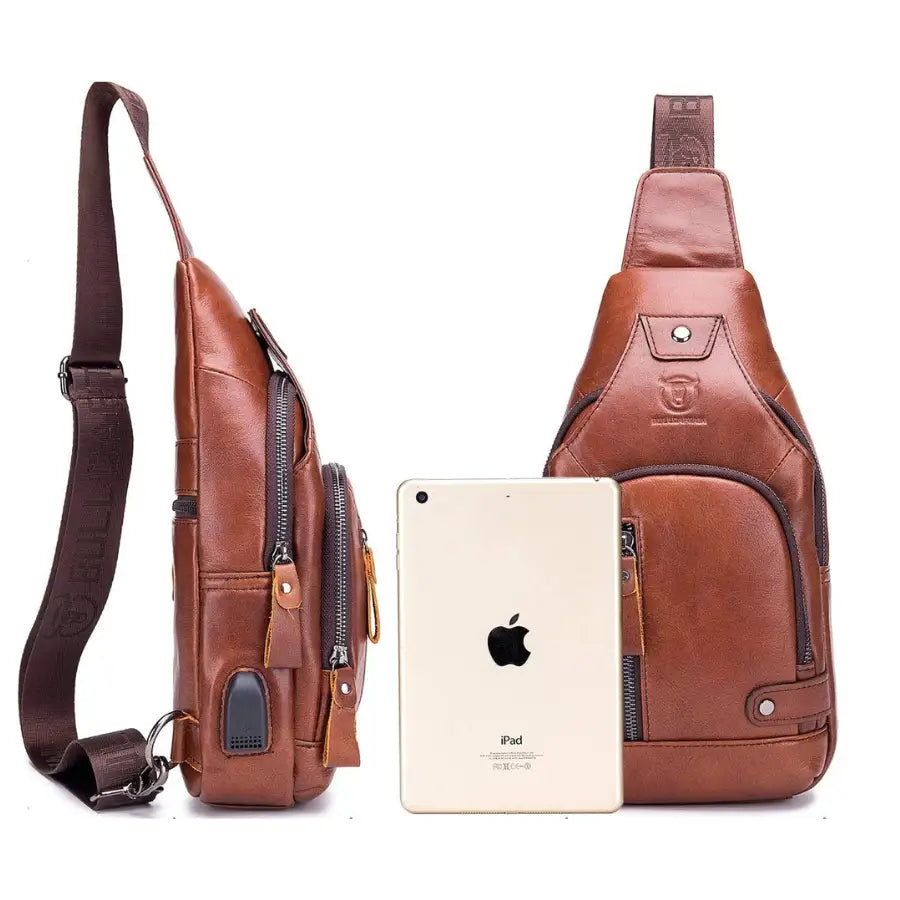 Men’s Leather Sling Bag – Vertical Multi-Pocket Chest Bag