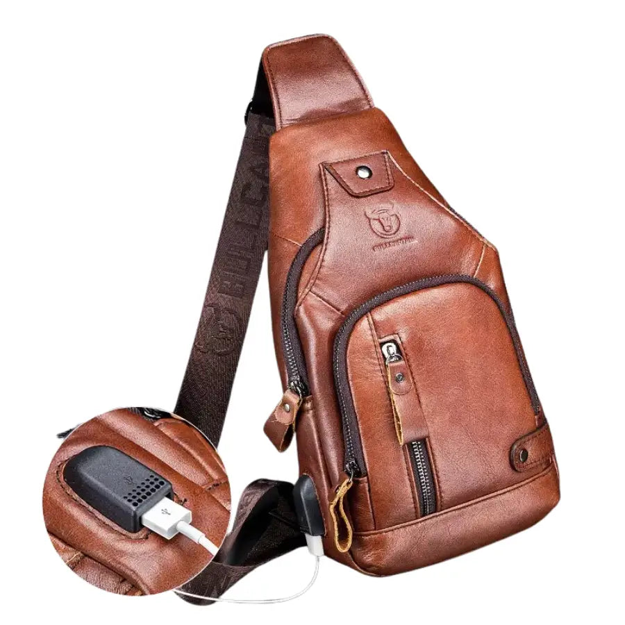 Men’s Leather Sling Bag – Vertical Multi-Pocket Chest Bag
