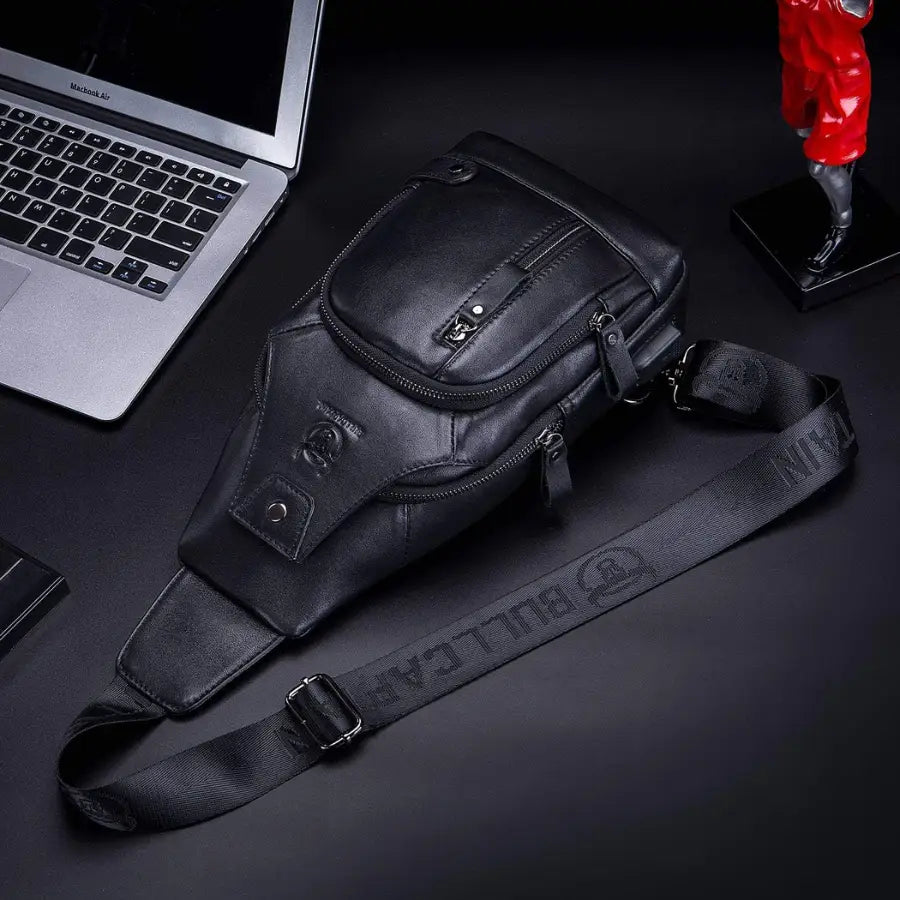 Men’s Leather Sling Bag – Vertical Multi-Pocket Chest Bag