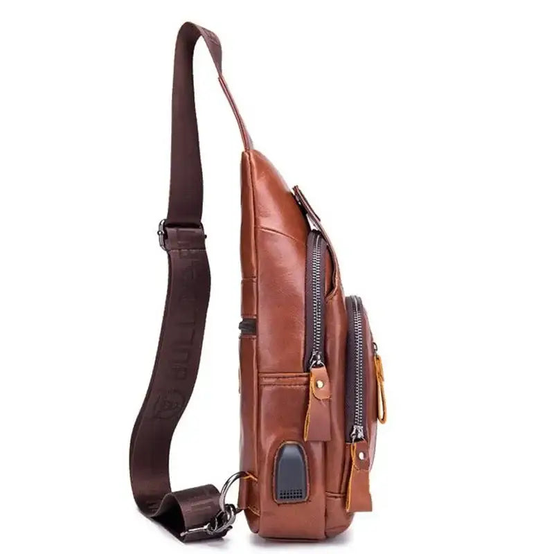 Men’s Leather Sling Bag – Vertical Multi-Pocket Chest Bag