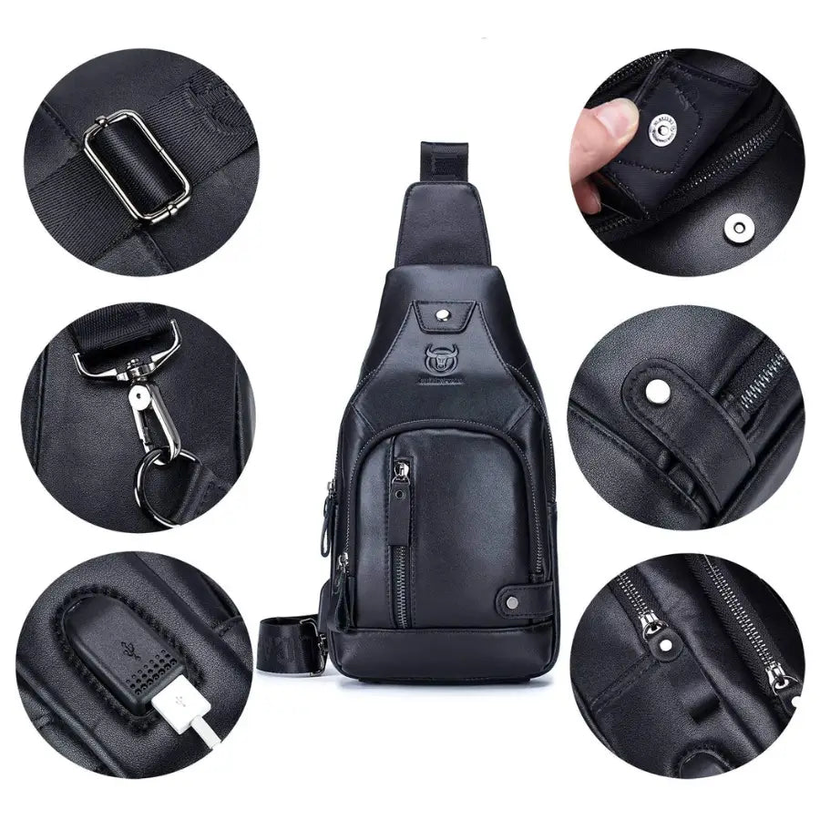 Men’s Leather Sling Bag – Vertical Multi-Pocket Chest Bag