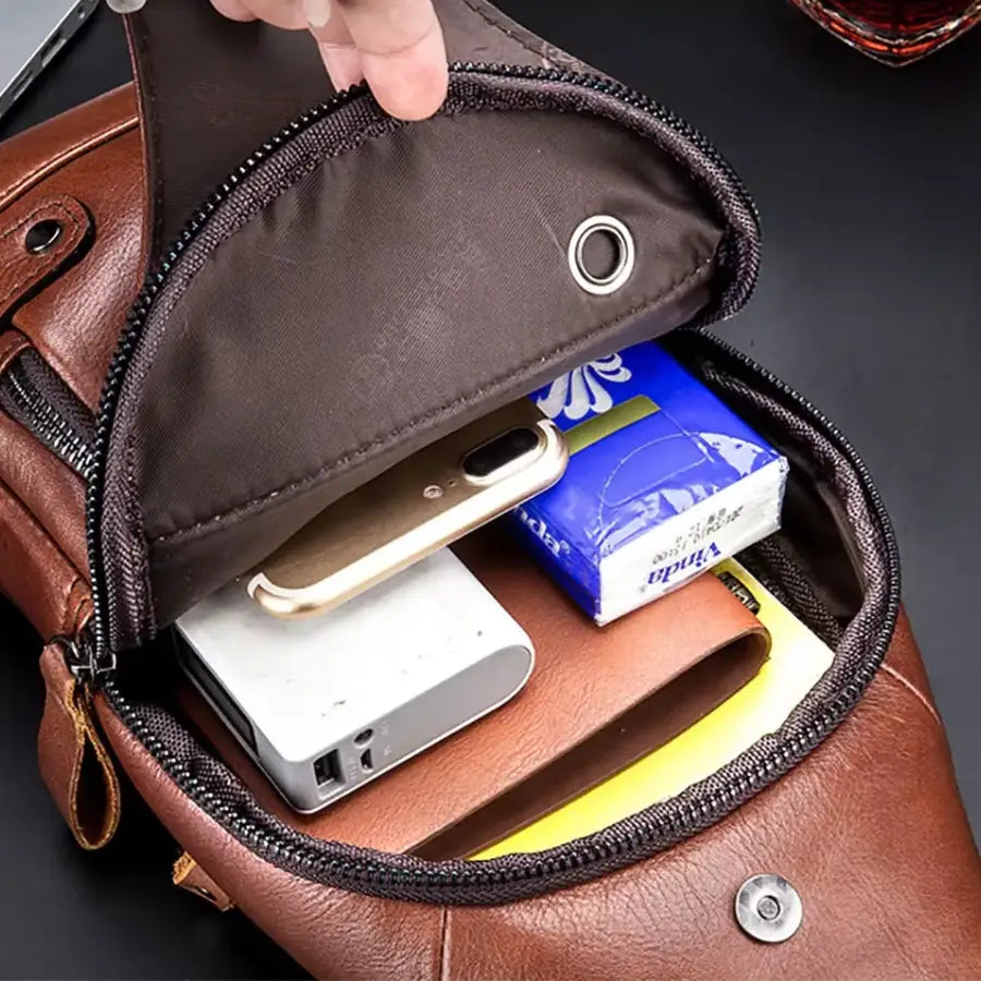 Men’s Leather Sling Bag – Vertical Multi-Pocket Chest Bag