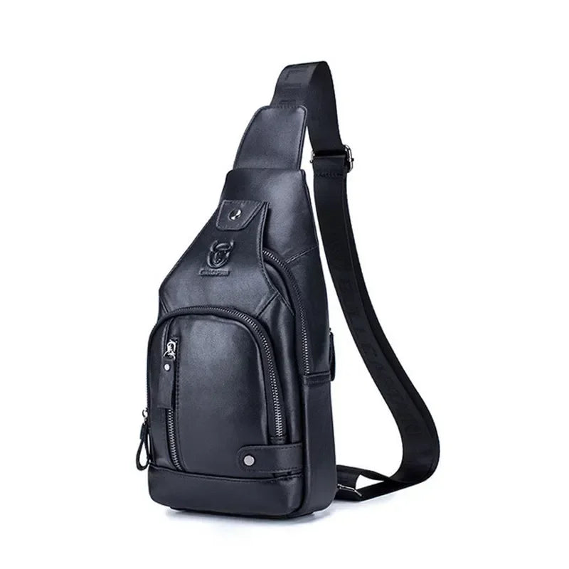 Men’s Leather Sling Bag – Vertical Multi-Pocket Chest Bag - Black