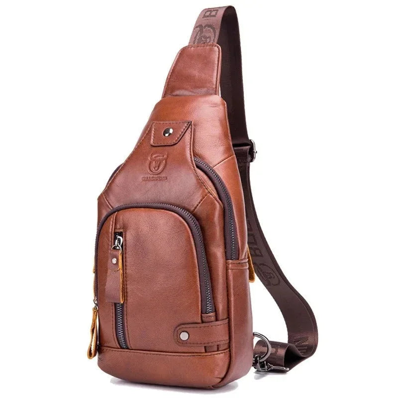 Men’s Leather Sling Bag – Vertical Multi-Pocket Chest Bag - Brown
