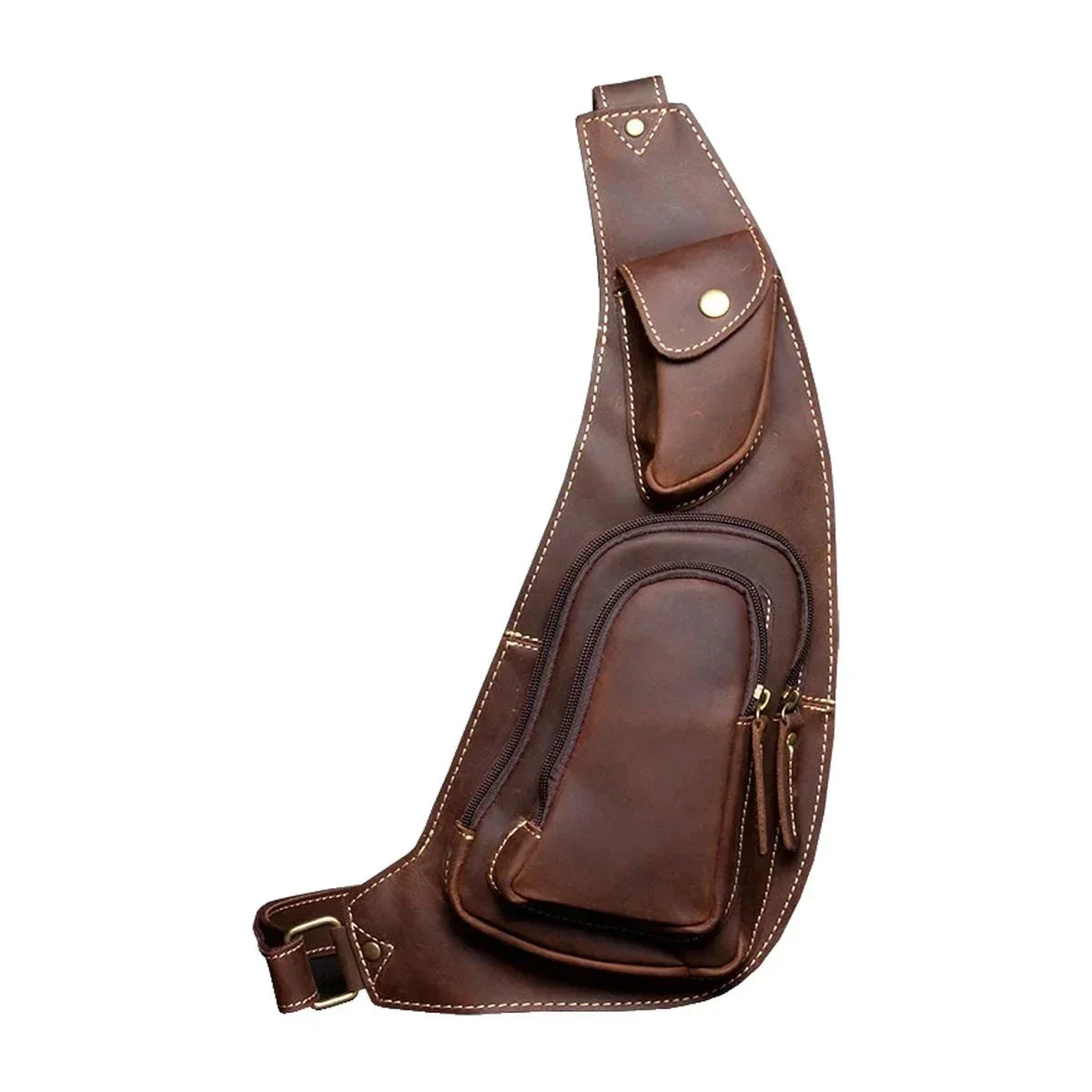 Men’s Leather Sling Bag with Crazy Horse Flap Pocket - Brown