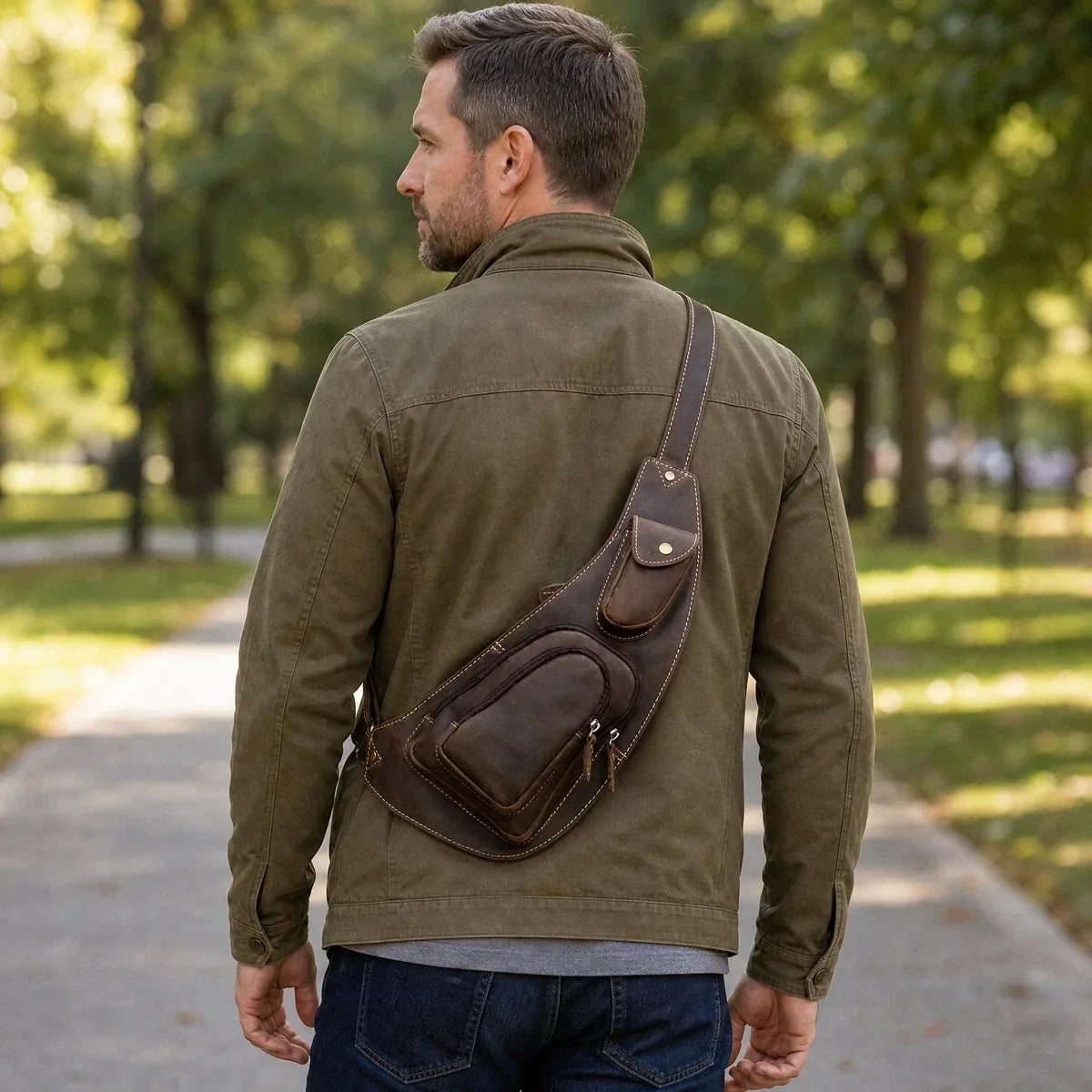 Men’s Leather Sling Bag with Crazy Horse Flap Pocket - Brown