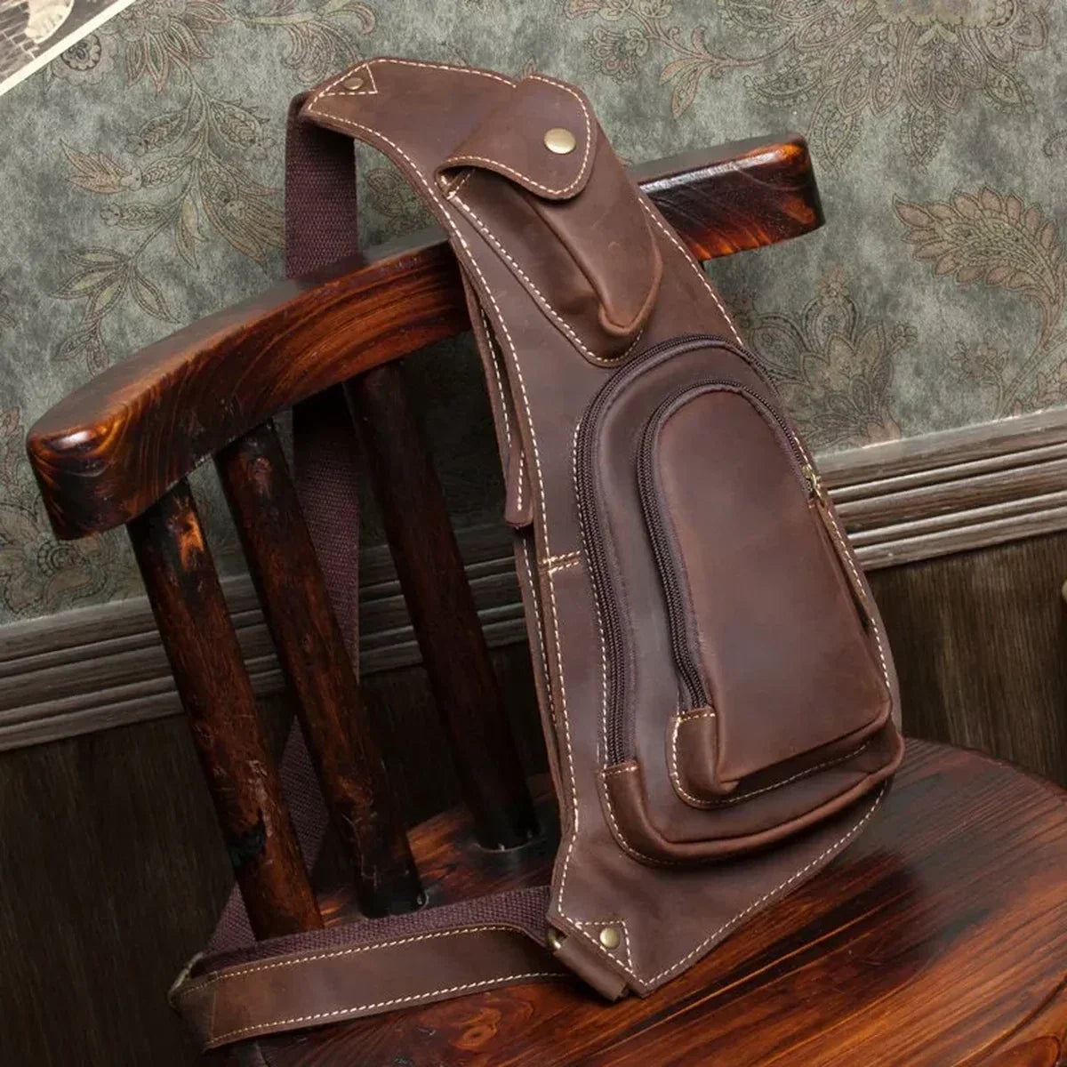 Men’s Leather Sling Bag with Crazy Horse Flap Pocket - Brown