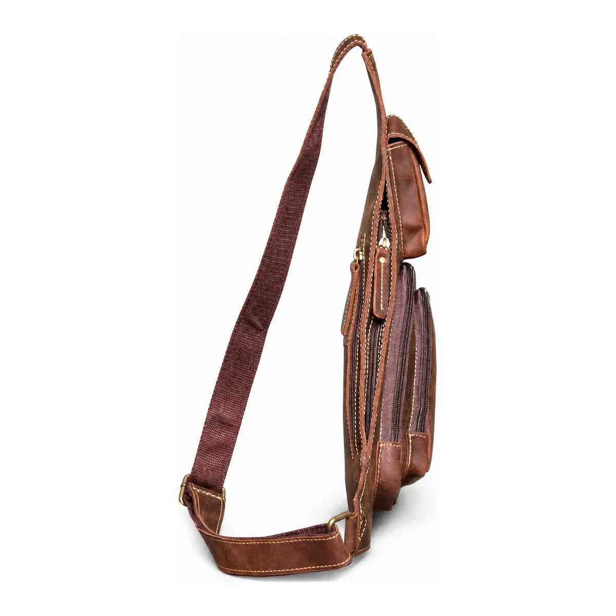 Men’s Leather Sling Bag with Crazy Horse Flap Pocket - Brown