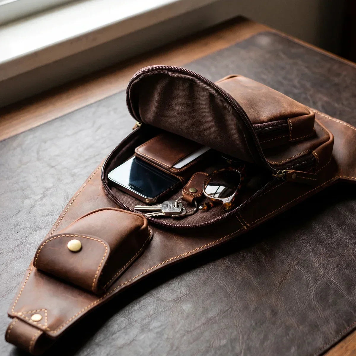Men’s Leather Sling Bag with Crazy Horse Flap Pocket - Brown