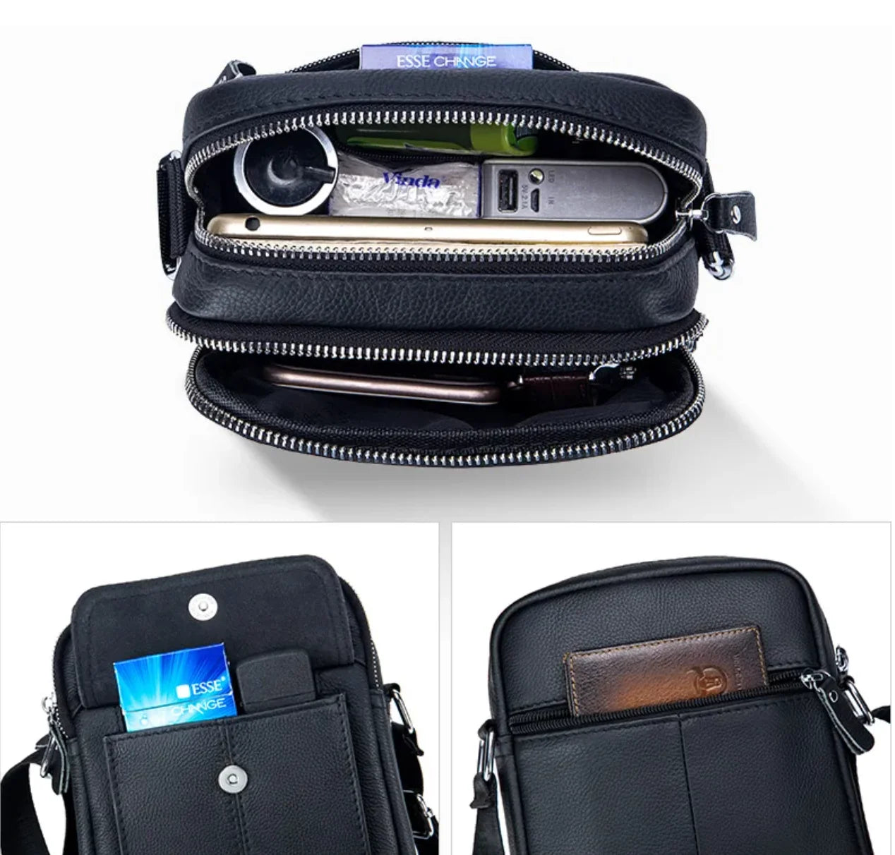 Men’s Leather Small Crossbody Bag – Compact Multi-Pocket Everyday Carry