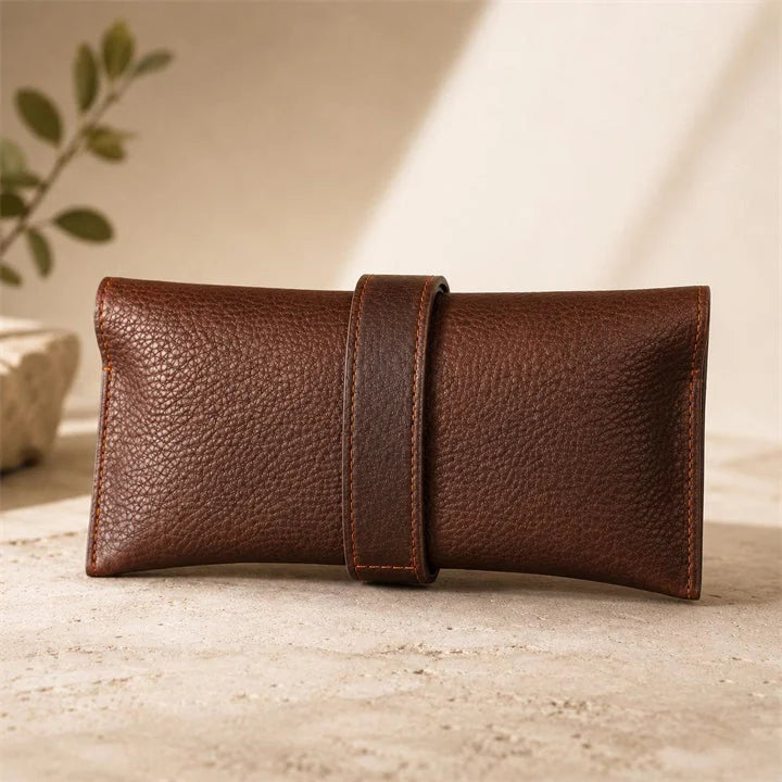 Men’s Leather Sunglasses Case - Vintage Snap Closure - Coffee