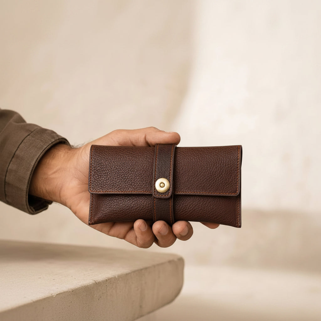 Men’s Leather Sunglasses Case - Vintage Snap Closure - Coffee