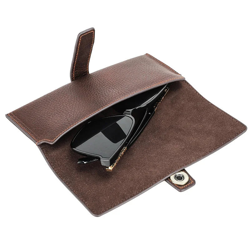 Men’s Leather Sunglasses Case - Vintage Snap Closure - Coffee