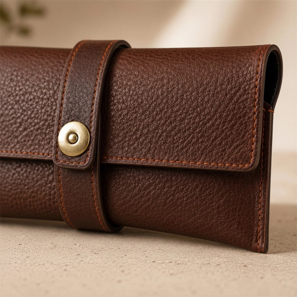 Men’s Leather Sunglasses Case - Vintage Snap Closure - Coffee