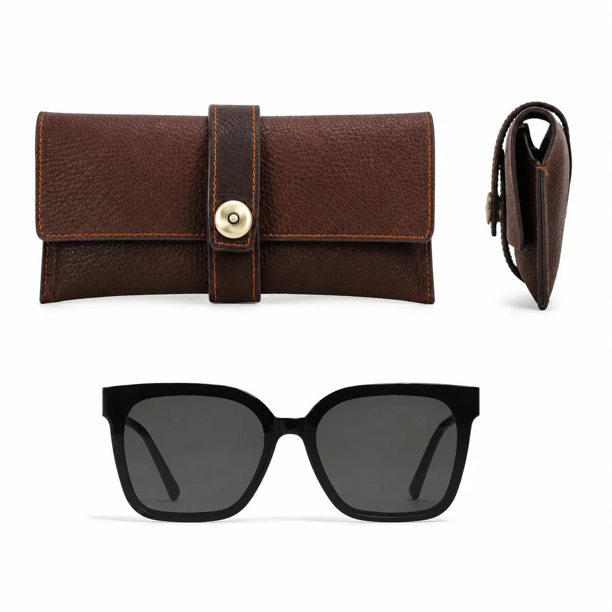 Men’s Leather Sunglasses Case - Vintage Snap Closure - Coffee