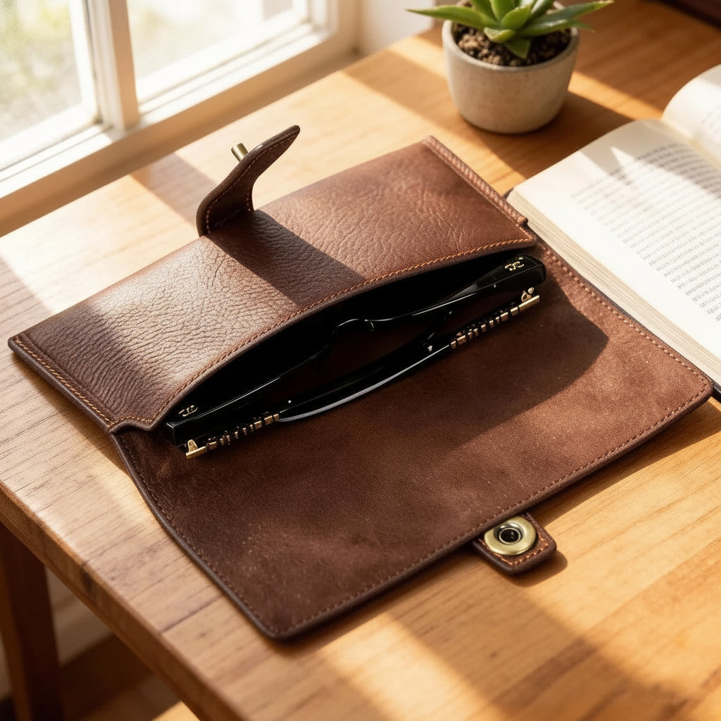 Men’s Leather Sunglasses Case - Vintage Snap Closure - Coffee
