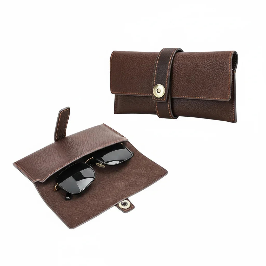Men’s Leather Sunglasses Case - Vintage Snap Closure - Coffee