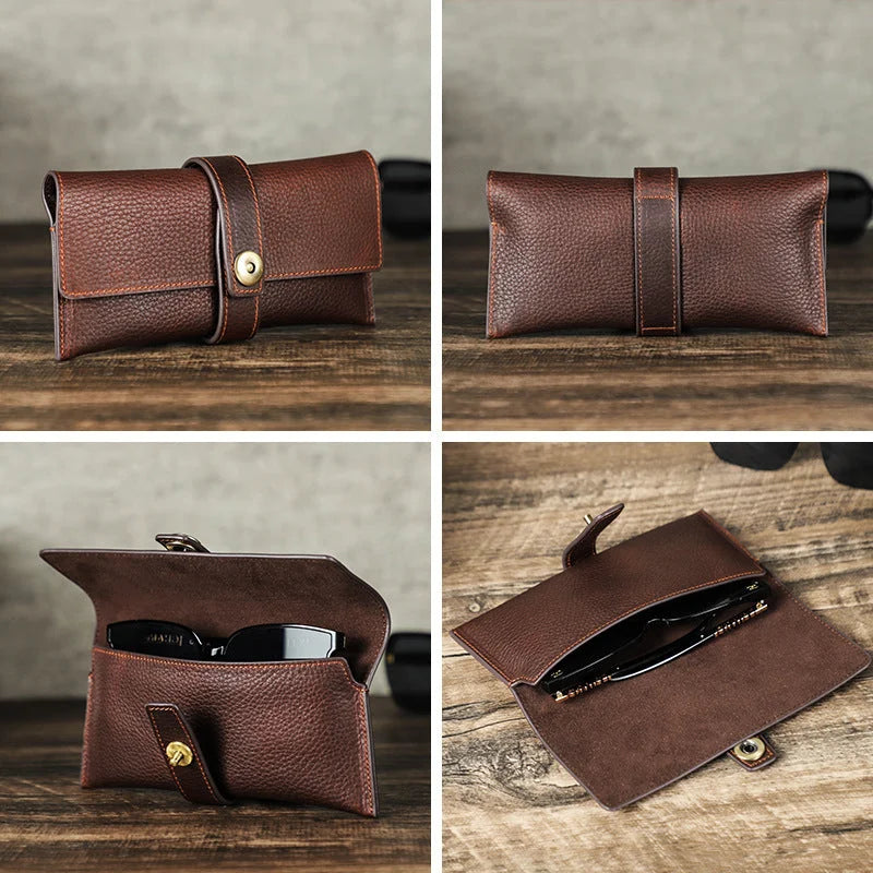 Men’s Leather Sunglasses Case - Vintage Snap Closure - Coffee