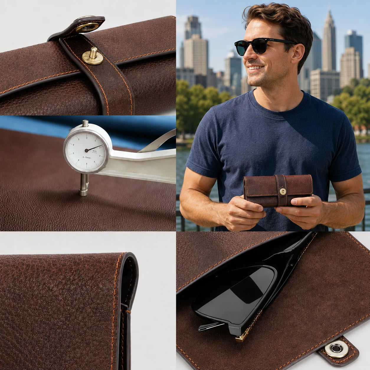 Men’s Leather Sunglasses Case - Vintage Snap Closure - Coffee