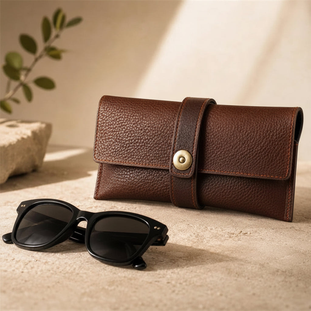 Men’s Leather Sunglasses Case - Vintage Snap Closure - Coffee