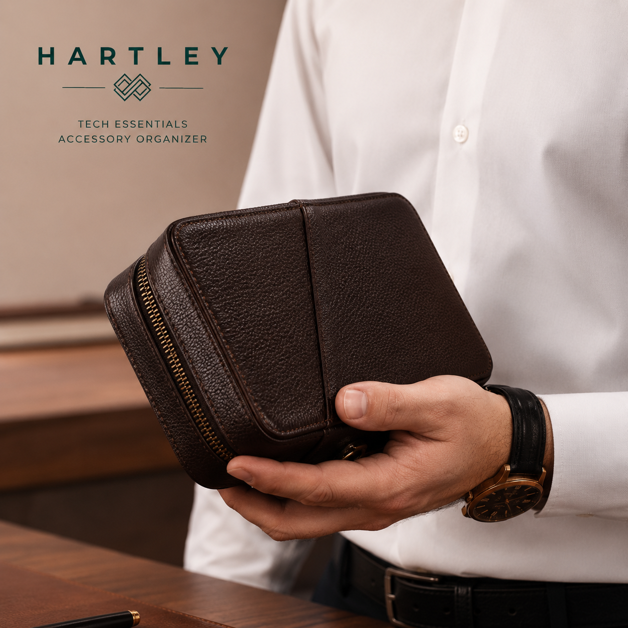 Person holding a brown leather accessory organizer with HARTLEY branding.