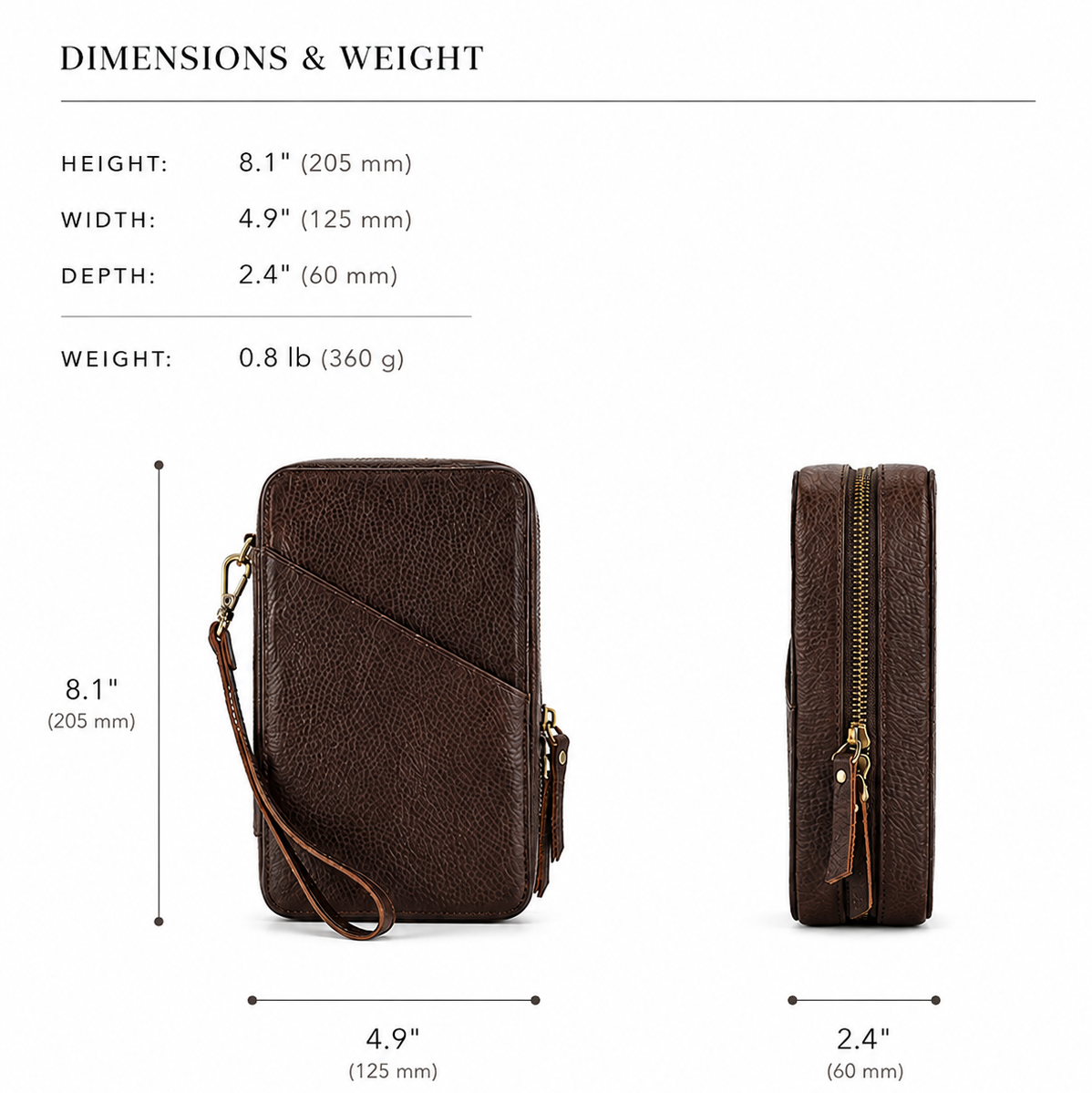 Brown leather wallet with measurements on a white background