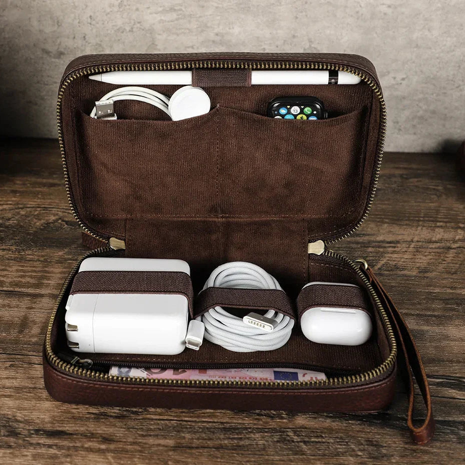 Men’s Leather Tech Organizer – Cable & Gadget Travel Pouch - Coffee