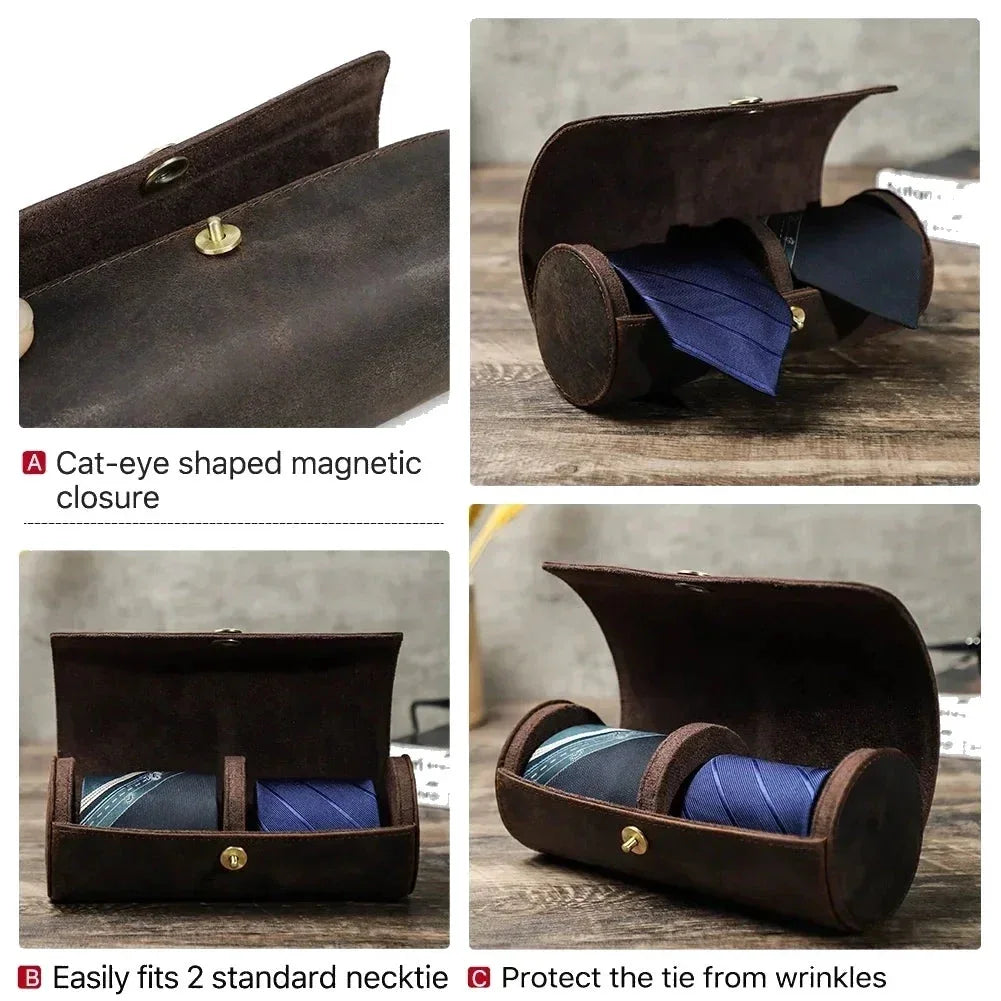 Men’s Leather Tie Case - Nubuck Travel Holder for Rolled Ties