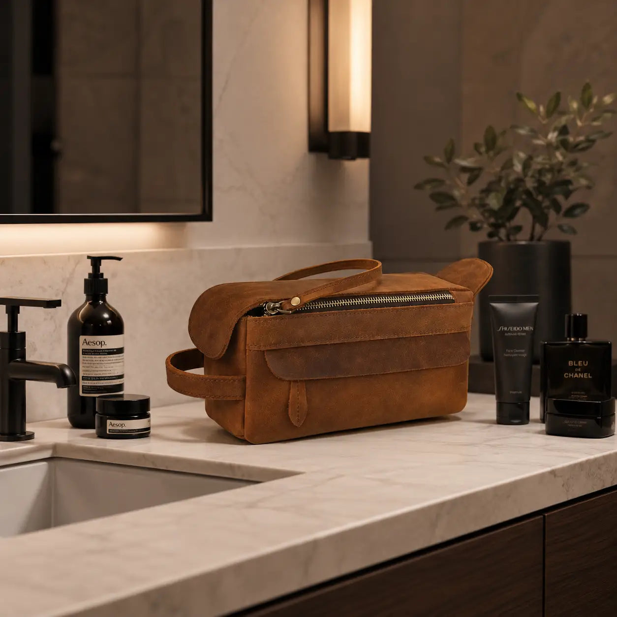 Men’s Leather Toiletry Bag – Compact Travel Dopp Kit