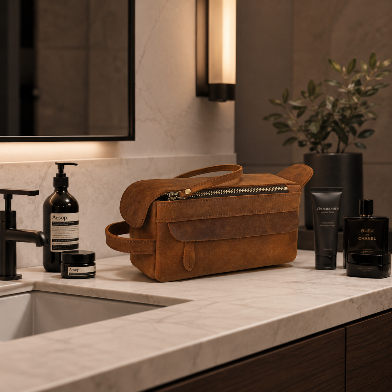 Brown leather bag on a bathroom counter with various products