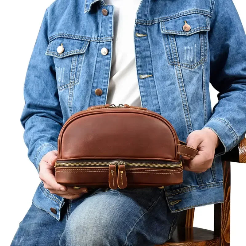 Men’s Leather Toiletry Bag - Double-Zip Dopp Kit
