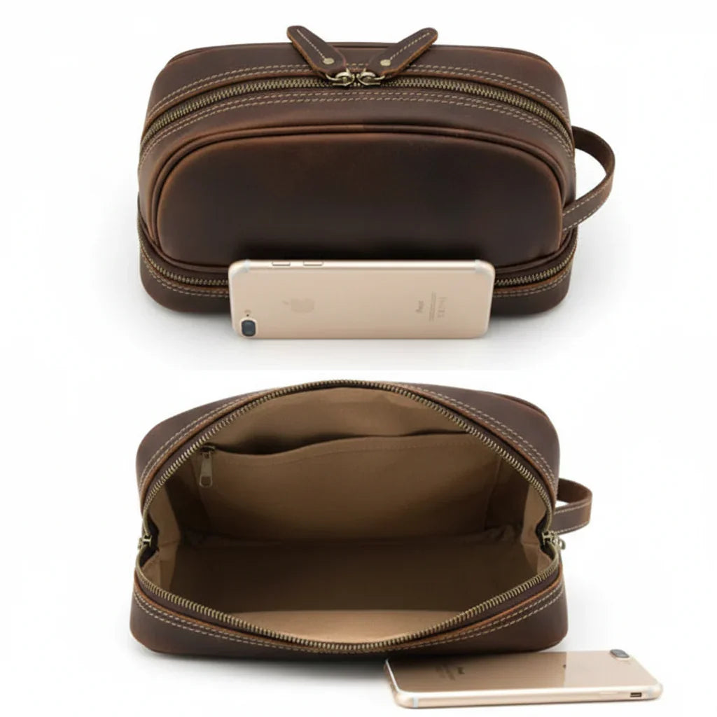 Men’s Leather Toiletry Bag - Double-Zip Dopp Kit
