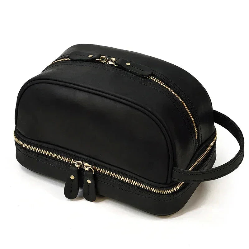 Men’s Leather Toiletry Bag - Double-Zip Dopp Kit - Black