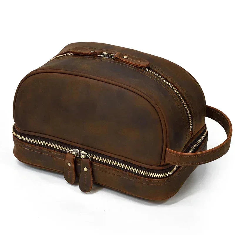 Men’s Leather Toiletry Bag - Double-Zip Dopp Kit - Brown