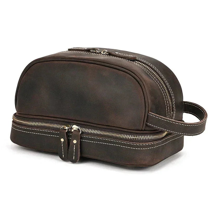 Men’s Leather Toiletry Bag - Double-Zip Dopp Kit - Dark brown