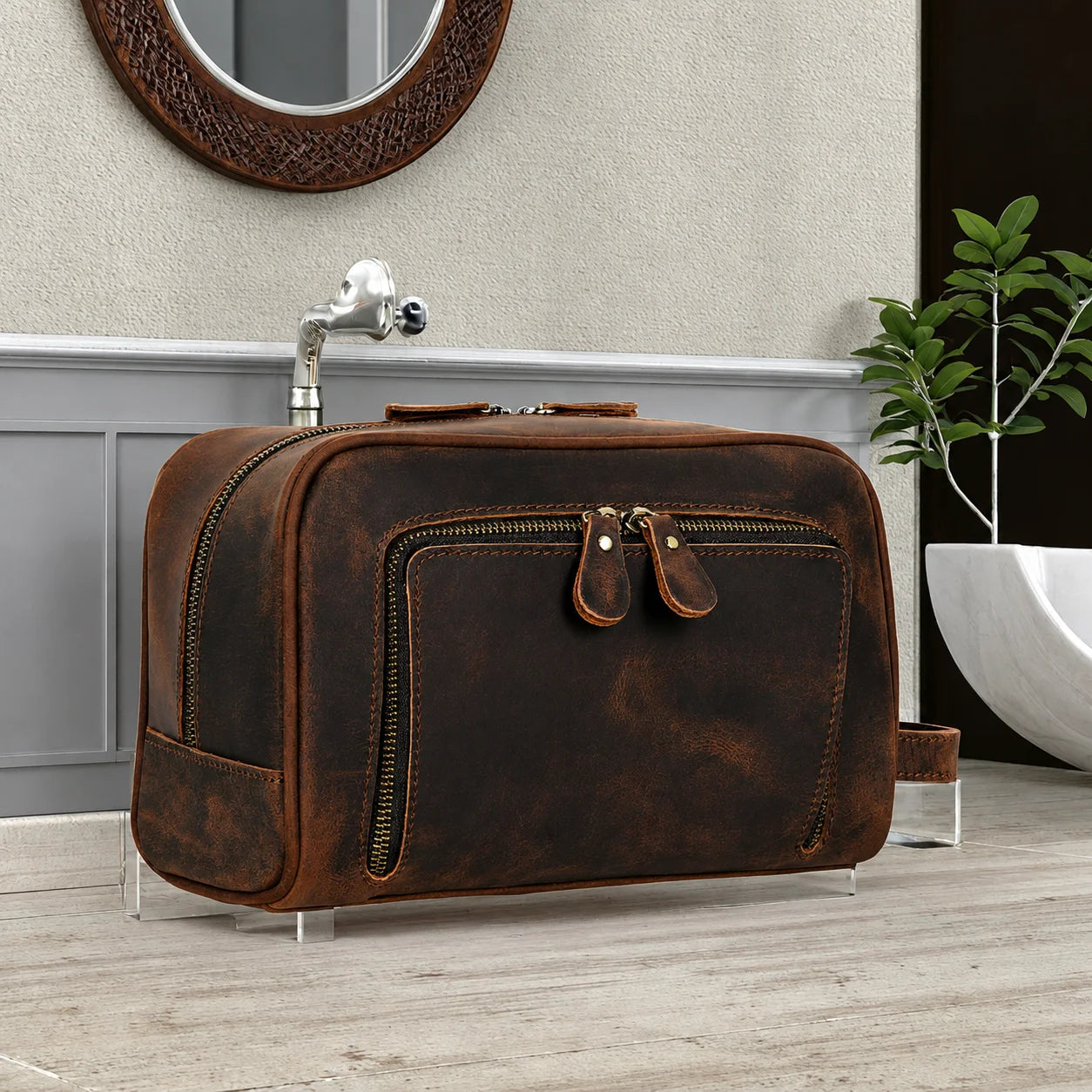 Men’s Leather Toiletry Bag - Front Pocket Dopp Kit