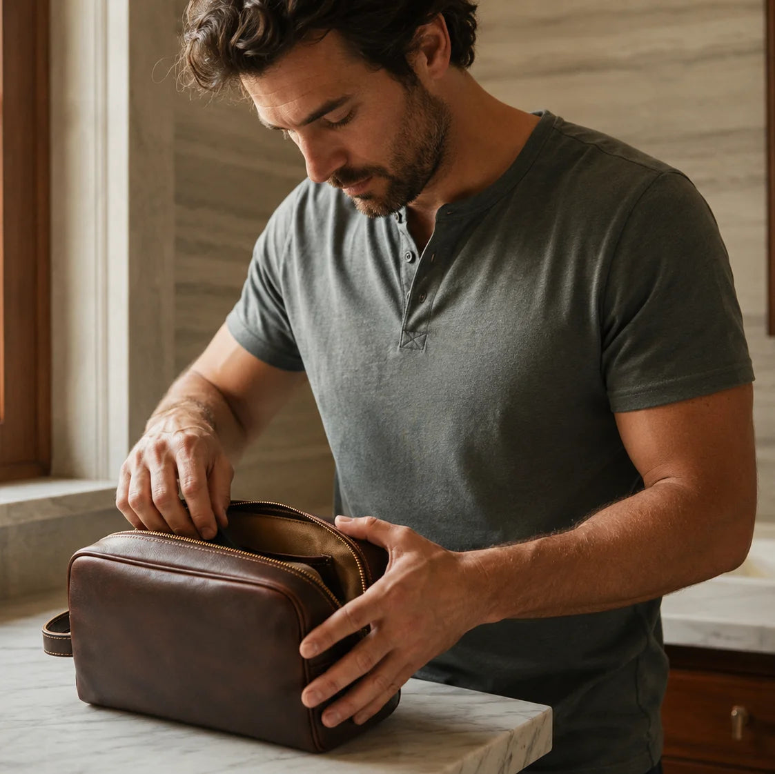 Men’s Leather Toiletry Bag - Full-Grain Dopp Kit for Travel