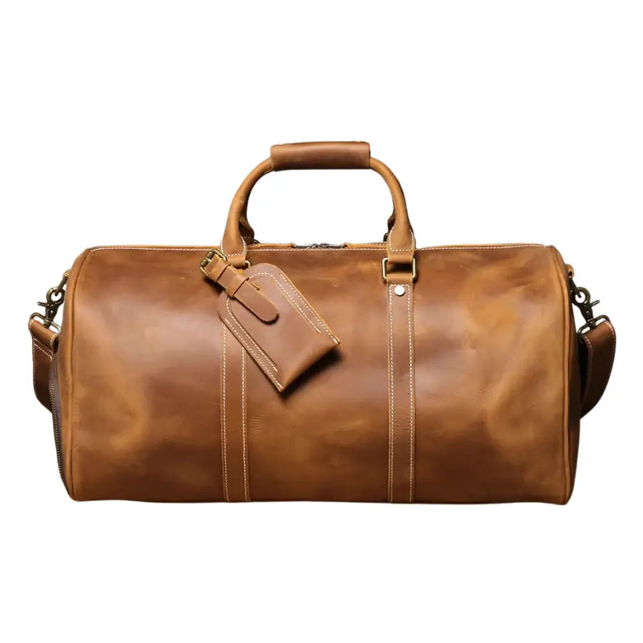 Men's brown leather travel duffle bag vintage weekender with shoe compartment