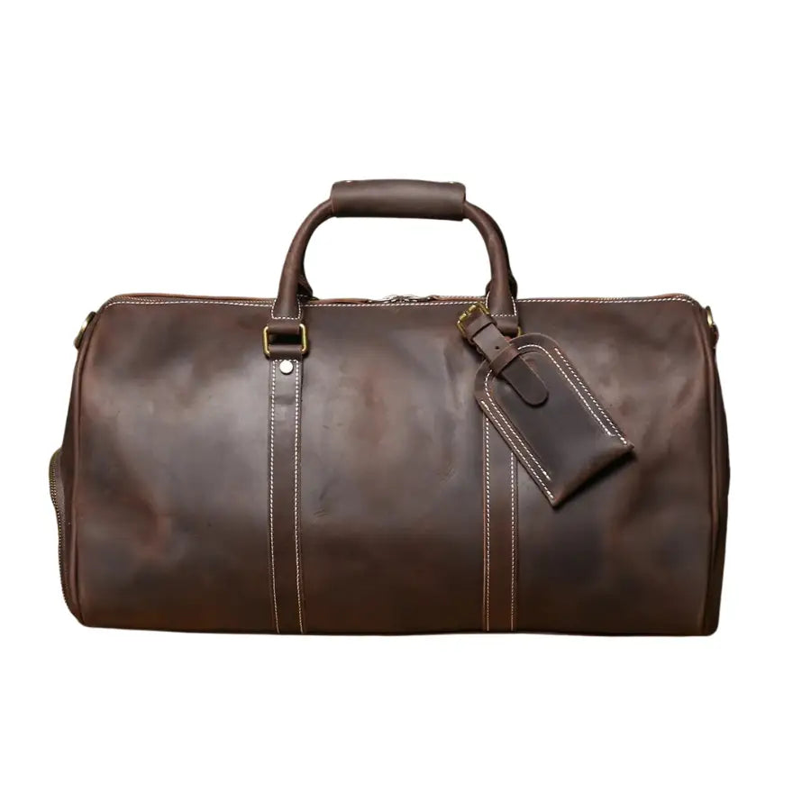 Men’s Leather Travel Duffle Bag – Vintage Weekender with Shoe Compartment - Dark brown