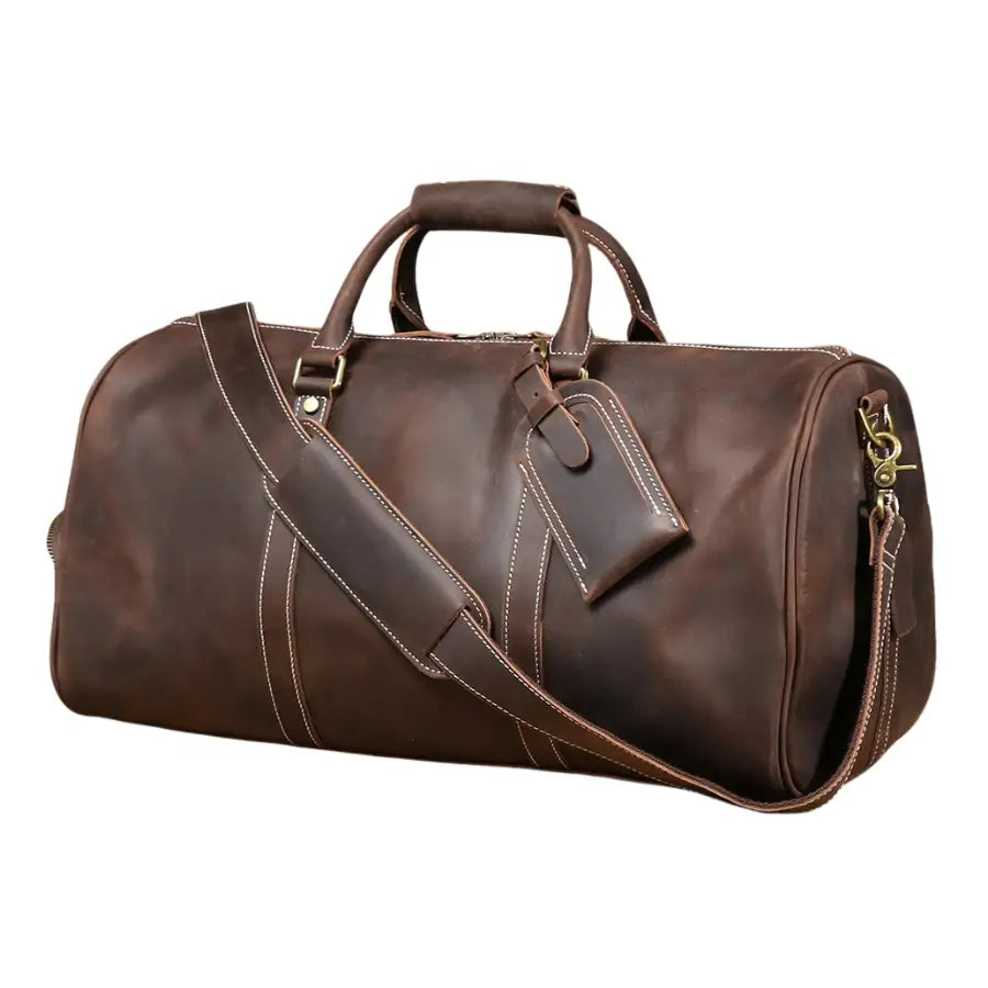 Men’s Leather Travel Duffle Bag – Vintage Weekender with Shoe Compartment