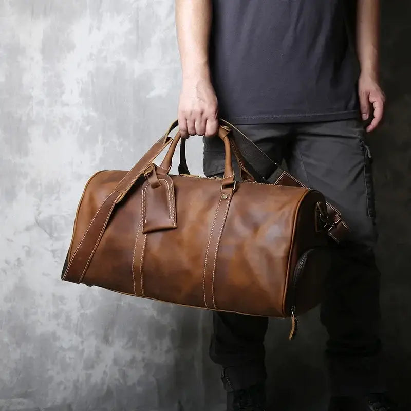 Men’s Leather Travel Duffle Bag – Vintage Weekender with Shoe Compartment