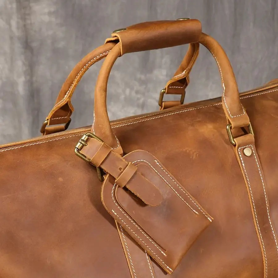 Men’s Leather Travel Duffle Bag – Vintage Weekender with Shoe Compartment