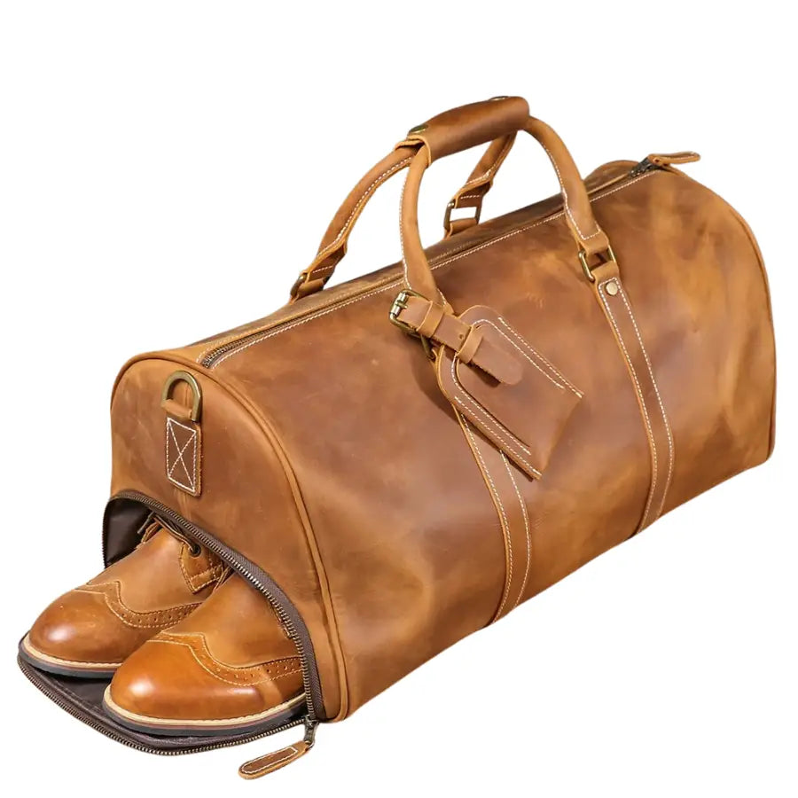 Men’s Leather Travel Duffle Bag – Vintage Weekender with Shoe Compartment