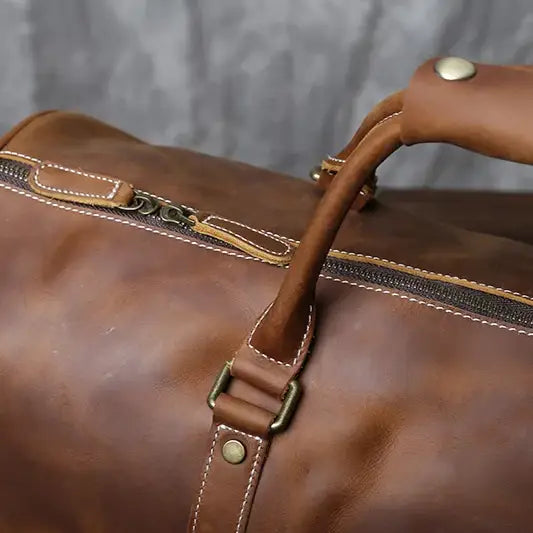 Men’s Leather Travel Duffle Bag – Vintage Weekender with Shoe Compartment