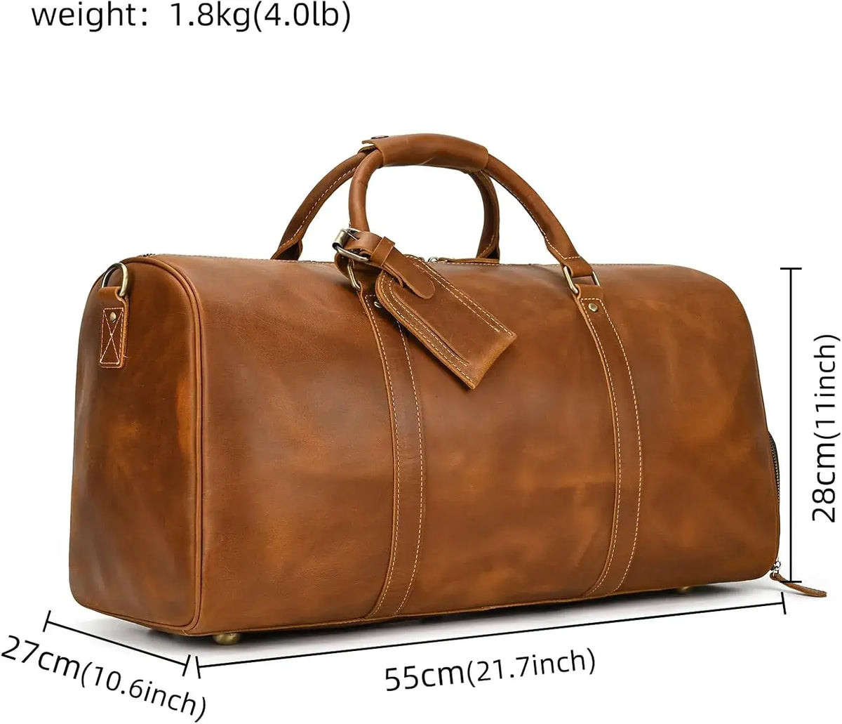 Men’s Leather Travel Duffle Bag – Vintage Weekender with Shoe Compartment
