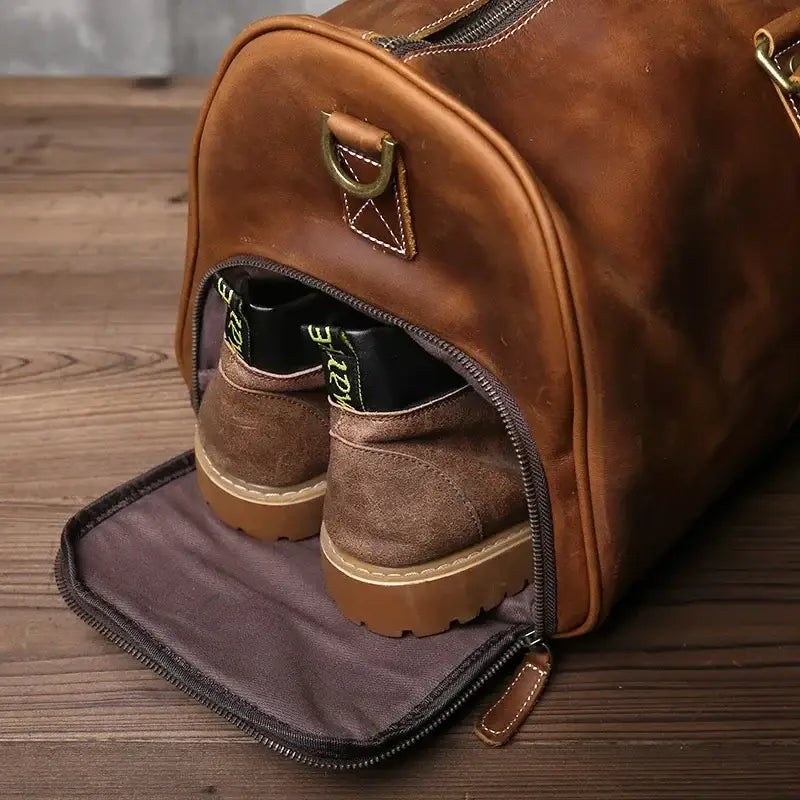 Men’s Leather Travel Duffle Bag – Vintage Weekender with Shoe Compartment