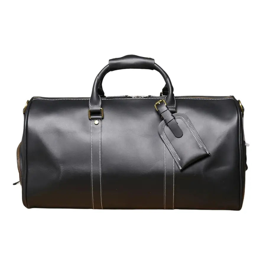 Men’s Leather Travel Duffle Bag – Vintage Weekender with Shoe Compartment - Black